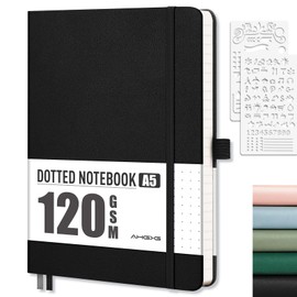 AHGXG Dotted Journal Notebook - A5 Hardcover Leather Bullet Dot Grid Notebook Journal, 120 GSM Thick Acid-Free Dotted Paper,160 Pages, Inner Pocket, Journal Stencil, 5.7'' × 8.3'' - Black