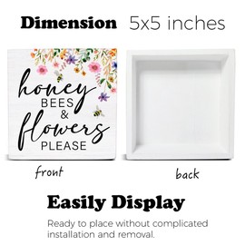 Spring Decor - Spring Decorations - Floral Flowers Wooden Decorative Sign - Home Decor for Desk Table Shelf 5 x 5 Inches