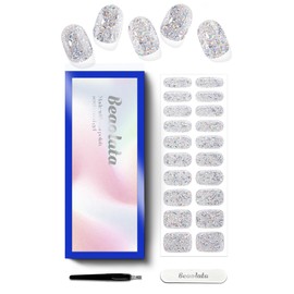 Beaolata Semi Cured Gel Nail Strips - UV Light Gel Nail Stickers - 20 Long Lasting Salon Quality Wraps (Sliver Glitter Bubble)