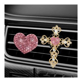 SHMZK 2 PCS Bling Car Vent Clip, Crystal Rhinestone Cross and Heart Car Air Fresheners Vent Clips, Diamond Car Air Conditioner Outlet Decoration Charm for Women, Car Accessories (Pink)