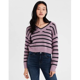 American Eagle Outfitters New American Eagle Striped V-Neck Crop Pullover Purple Sweater Large L NWT