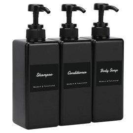 Segus Black Soap Dispenser, 3 Pieces 650ml Shower Gel Dispenser, Hand Wash Dispenser in Plastic, Shampoo Bottles with Pump, Kitchen Soap Dispenser Set with Labels