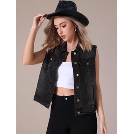 CIMUK Women's Denim Vest Button Down Jacket W Chest Flap Pockets Washed Distressed Sleeveless Jean Jacket Medium Black