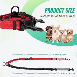 Eyein Double Dog Lead No Tangle, 360° Swivel Rotation Dual Dog Lead for Walking 2 Dogs, Adjustable Reflective Shock Absorbing Splitter Leash for Training, Small, Medium & Large Dogs(black&red,s)