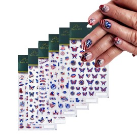 4th of July Nail Stickers for Nail Art 3D Self Adhesive Independence Day Nail Art Stickers American Flag Stars Letters 5D USA Nail Decals Fourth of July Design Sticker for Women 6 Sheets
