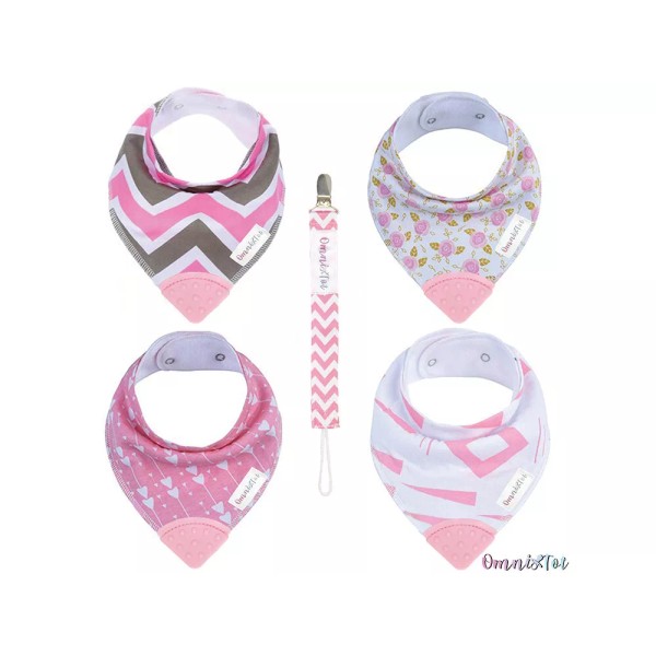 Omnitot Baby Bandana Bibs with Teethers and Pacifier Clip -