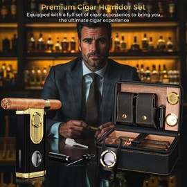 Travel Cigar Humidor Set, 2-Layer Design & CedarWood Lined, with Cigar Lighter Built-in V Cutter&Holder, Cigar Cutter, Draw Enhancer, Hygrometer, Humidifier, Portable Leather Cigar Case, Gifts for Men