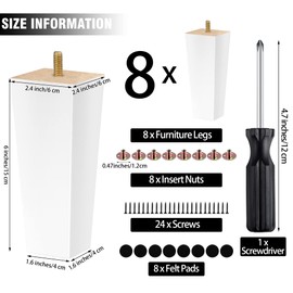 TURSTIN Set of 8 Wood Furniture Legs 6 Inch Square Solid Wood Sofa Legs Natural Wooden Couch Legs Replacement Legs for Furniture Armchair Bed Dresser Cabinet or DIY Projects, White