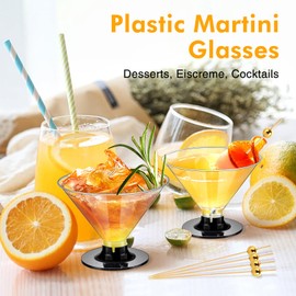 60Pcs Plastic Martini Glasses Disposable Cocktail Glasses for Parties + 100Pcs Pearl Cocktail Picks, Clear Unbreakable Mini Plastic Margarita Glasses for Weddings Wine Ice Cream Appetizers Food