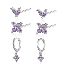 Seleneva 3 Pairs 925 Sterling Silver Stud Hoop Earrings Set for Women Girls Suitable Daily Use Earrings Stacks Dainty Small Stud Hoop Earrings Sets for Multiple Piercings (purple)