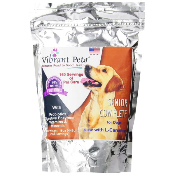 Vibrant Pets SC16 Senior Complete Dog Immune System Supplement | Older Dog Muscle and Joint Supplement with Probiotics and Enzymes for Digestion | Nutrient-Rich Skin and Coat Immune Booster Powder, 16 oz.