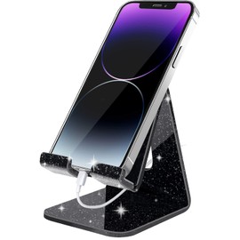Crpich Acrylic Cell Phone Stand, Portable Phone Holder, Phone Stand for Desk, Compatible with Phone 14 13 12 Pro Max Mini 11 Xr 8 Plus SE, Switch, Android Smartphone, Pad, Tablet, Glitter Black