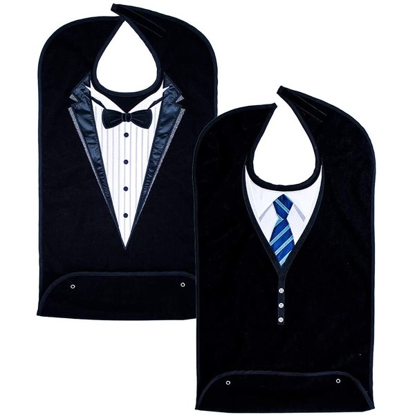 Classy Pal, Adult Bibs for Men, Dress ‘n Dine Clothing Protectors for Eating, Senior Adult Bib Terry Cloth Crumb Catcher, Embroidered Design, Waterproof, Reusable, Washable (Blue Tie + Tuxedo)