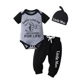 Newborn Baby Boy Clothes Infant Little Man Letter Print Romper Bodysuit Long Pants Hat Outfit Set 3-6 Months