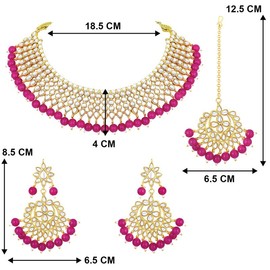 Aheli Traditional Gold Plated Rani Pink Kundan Choker Necklace Dangle Chandbali Earring & Maang Tikka Ethnic Jewelry Set Gift for Women