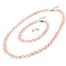 Treasure Bay FAB Elegant 7-8mm Rice Shape Freshwater Pearl Necklace Bracelet and Earring Jewellery Set for women and Girls (Pink Colour)