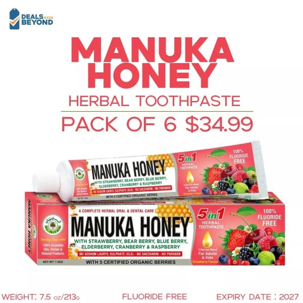 Al Riyan Organic Manuka Honey Herbal Toothpaste, Natural, 5-in-1, Fluoride-Free,