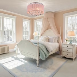 LaLuLa Pink Chandelir for Girls Bedroom, Crystal Flush Mount Ceiling Light with Pink Cotton Thread Shade, 4-Light Large Chandelier, Modern Princess Style for Kids Room, Nursery – Bulbs Not Included