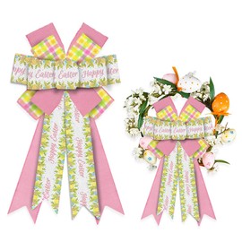 Estivaux Large Easter Bows for Wreath, Happy Easter Wreath Bows White Pink Burlap Bows Yellow Buffalo Plaid Bows Eggs Holiday Tree Topper Bows for Front Door Spring Easter Party Decorations