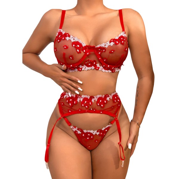 Kaei&Shi Garter Lingerie for Women,Embroidered Applique Sexy Lace Lingerie,Underwire Mesh Sheer Matching 3 Piece Lingerie Set Valentine Day Red Large