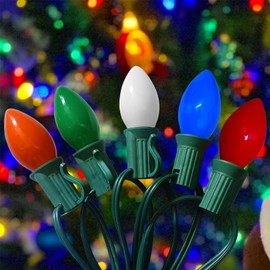 25Ft LED Christmas Lights Multicolor C7 Vintage Christmas Lights with 27 Colored Ceramic LED Bulb Lights(2 Spare), Old Fashioned Christmas Hanging Lights Outdoor for Roof Patio Party Christmas Decor