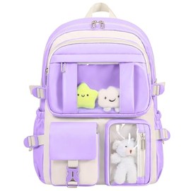 HORHEAR Kawaii Backpack for School Girls Cute Bag with Kawaii Stuff Bear Pendant Backpack Aesthetic for Children School Backpack, Purple-beige