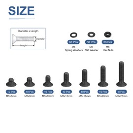 DTGN 240Pcs M5 x 6mm /8mm /10mm /12mm /16mm /20mm /25mm Flat Head Hex Socket Cap Screws Bolts Nuts Washers Kit, Carbon Steel Black Oxide, Full Thread, Countersunk Bolts