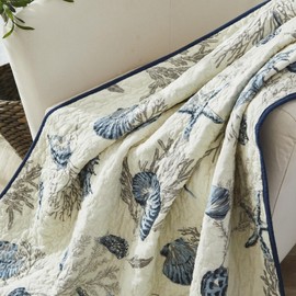 Brandream Blue Nautical Seashell Quilt Cotton Quilted Throw Blanket for Bed Couch Daybed 47 X 60 Inch Decorative Blankets