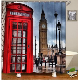 TJZ HOME London Shower Curtains Fabric ，Red Telephone Booth Retro Romantic City Scenery Old Street Big Ben Vintage Building Picture Polyester Cloth Print Bathroom Curtains Set 72x72(cx228)