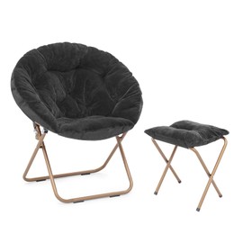 Athena Collection Round Saucer Chair with Ottoman Set for Adults, Oversize Comfy Cozy Faux Fur Folding Reading Chair with Metal Leg Lazy Relaxing for Living Room Bedroom Dorm Apartment, Black