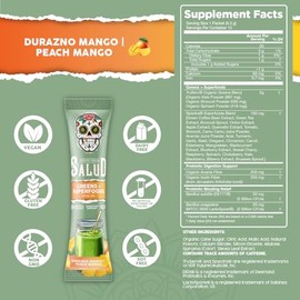 Salud 2-in-1 Greens Powder + Superfood Drink Mix Packets, 20+ Fruits and Veggies, Probiotics, Prebiotics, Supports Digestive Health, Bloating Relief, Vegan, Peach Mango (15 Servings)
