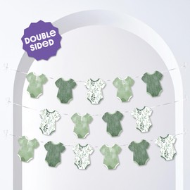 Big Dot of Happiness Boho Botanical Baby Garland Banner, Greenery Baby Shower, Gender Neutral Decorations, 30 Feet of Cord, 15 Double-Sided Green Baby Bodysuits