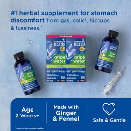 Mommy's Bliss Gripe Water for Babies - Double Pack, Relieves Stomach Discomfort from Gas, Colic, Fussiness & Hiccups, Age 2 Weeks+, Pack of 2 (Total 8 Fl Oz)