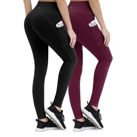 ALONG FIT Yoga Pants for Women with Phone Pockets, Compression Workout Leggings 2 Pack (Black and Vermilion, M)
