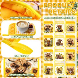 Pickmesh 12 Pcs Highland Cow Pot Holders Non Slip Heat Resistant Hot Pot Holder Sunflower Cotton Potholders with Pocket Cow Sunflower Oven Mitts Gloves for Cooking Baking, 9 x 7 Inch