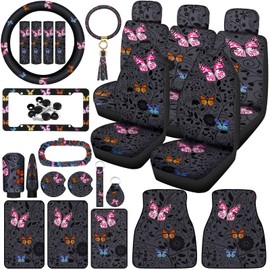 Tallew Butterfly Seat Covers Full Set for Women Butterfly Universal Car Accessories Rubber Steering Wheel Cover License Plate Frame Mirror Covers 26 Pcs Fit Car SUV Auto(Multicolor Style)