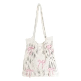 Beach Bag Crochet Tote Bag Bow Mesh Beach Bags for Women Polyester Shoulder Bags Women Girls Handbag for Holiday Summer Beach Shopping, pink