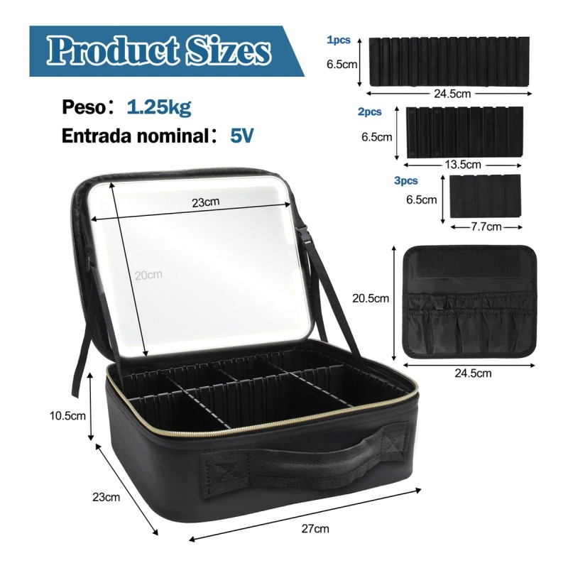 Estuche De Maquillaje Multifuncion Con Espejo Luz Maquillaje Color Negro