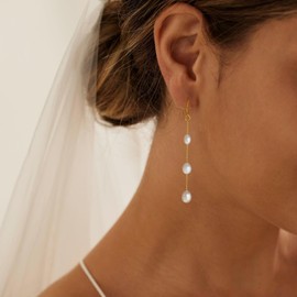 BLUEELM Pearl Dangle Earrings for Women, Dainty Gold Earrings 14k Gold Pearl Drop Earrings for Women Trendy Cute Gold Long Chain Earrings Elegant Pearl Earrings Simple Gold Jewelry for Women Gifts