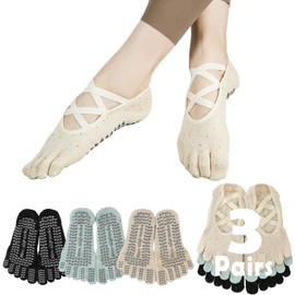 Sunolkie Non-Slip Pilates Socks for Women, 5 Finger Yoga Grip Training Socks Grips and Non-Slip Straps, 3 Pairs, Light Yellow + Light Green + Black, One Size, Light yellow + light green + black, One