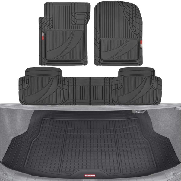 Motor Trend FlexTough Advanced Black Rubber Floor Mats with Cargo Liner Full Set - Front & Rear Combo Trim to Fit for Cars Van SUV, All Weather