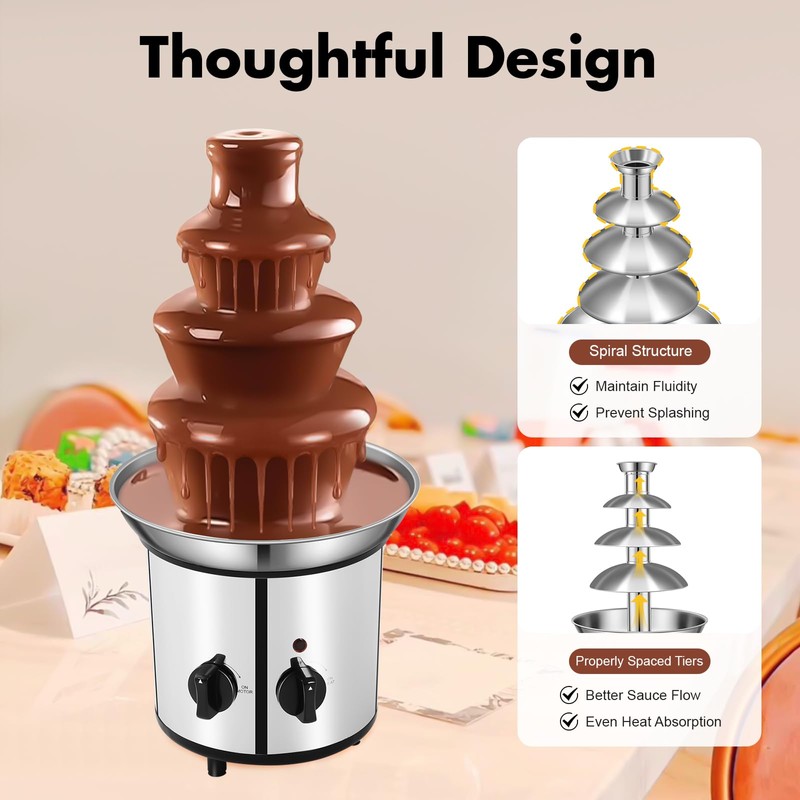 CUBELLIN Electric Chocolate Fondue Fountain Machine 4-Tier Chocolate Waterfall Fountain