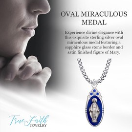 True Faith 1 Inch Sterling Silver Oval Miraculous Medal Necklace, Virgin Mary Pendant with Blue Enameled Center and Sapphire Stones, Religious Jewelry for Women and Men