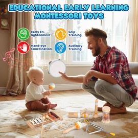 Musical Instruments Wooden Toddler Toys, Baby Maracas Xylophone Tambourine Drum Percussion Instruments Sensory Montessori Musical Toys, Xmas Birthday Gift for Girls Boys Kids 3 4 5 6 Years Old