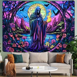 Uspring Blacklight Tapestry Hippie Gothic Tapestries Floral Wall Tapestry Wizard Skull Tapestry Wall Hanging Large UV Tapestry for Bedroom Aesthetic (Purple, 51.2 x 59.1 inches)