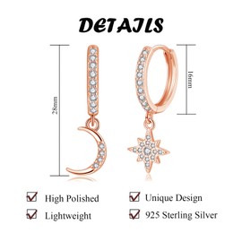Zolkamery Dangle Hoops Earrings, 925 Sterling Silver Hoop Earrings for Women Girls, Hypoallergenic Huggie Drop Earrings with Moon Star Pendant, Fashion Rose Gold Plated Zirconia Hanging Earrings