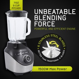 Universal 1500 Peak Watt Turbo Elite Max Blender, 71oz - 9-cup / 2.1 Liter Glass Pitcher, 3 Speed Settings with Powerful 6 Stainless Steel Blades, Premium Blender for Smoothies, Domestic Use
