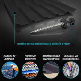 Vooxa Pack of 50 Self-Drilling Trapezoidal Tapping Screws 4.8 x 60 mm with EPDM Sealing Washer, Galvanised Steel RAL9005 Black, Hexagonal Head SW8