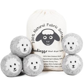 Budieggs Wool Dryer Balls Organic XL 6-Pack | 100% New Zealand Wool, Chemical-Free Natural Fabric Softener | Baby Safe, Hypoallergenic, Reduces Static & Drying Time | Lasts 1000+ Loads