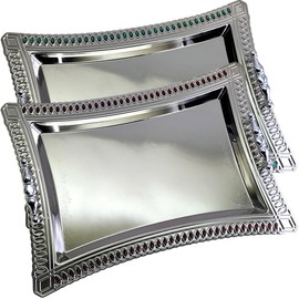 Maro Megastore (Pack of 2) 20 inch x 14.9 inch Star Shape Chrome Plated Serving Tray with Handles Floral Engraved Red and Green Beads Wedding Dessert Snack Wine Candle Platter Plate Party TTL-048-FBA